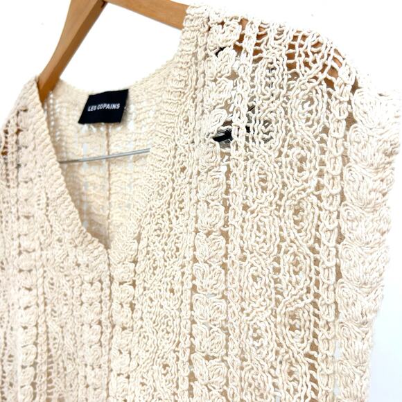 Les Copains Crochet Knit Sweater Vest Neutral Beige Tan Medium Cropped - Picture 3 of 6